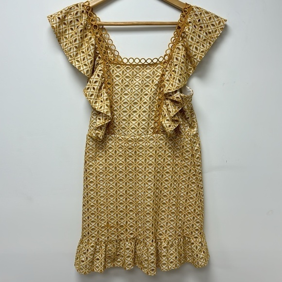 Topshop Yellow Eyelet Ruffle Mini Embroidered Dress size 6 - Picture 4 of 11